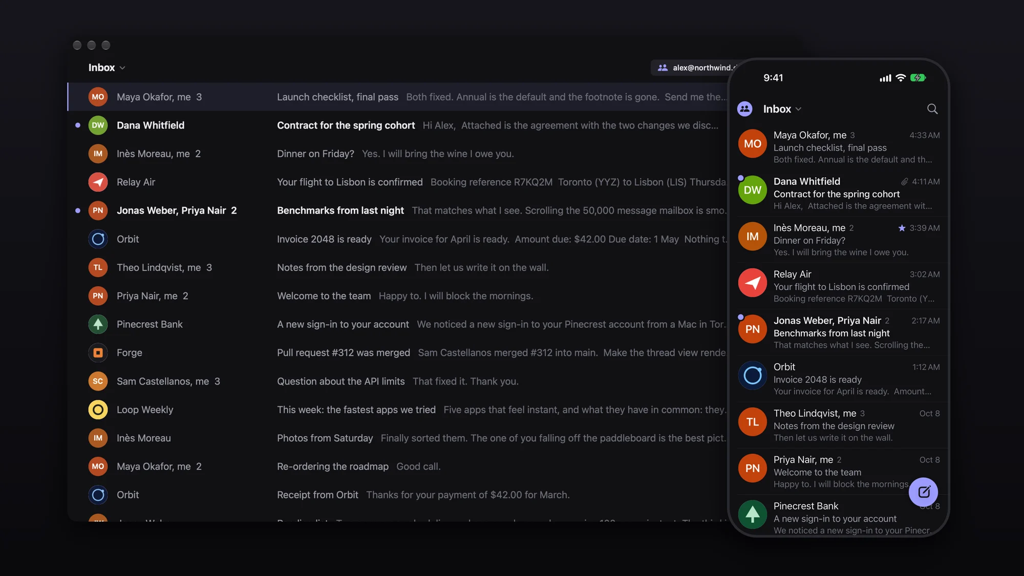 Mach on a Mac and an iPhone: one inbox as a plain list of conversations, each with the sender's picture, the subject and the first words of the message. The mail shown is made up.